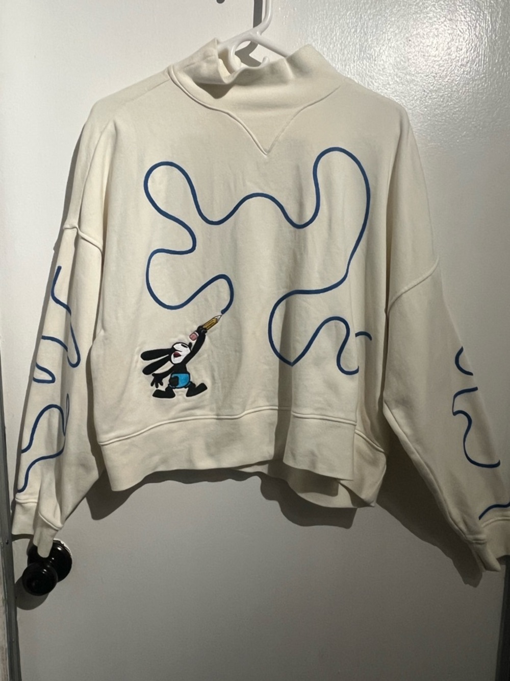 Disney Oswald The Lucky Rabbit Sweatshirt Adult Medium Ivory Crop Embroidered